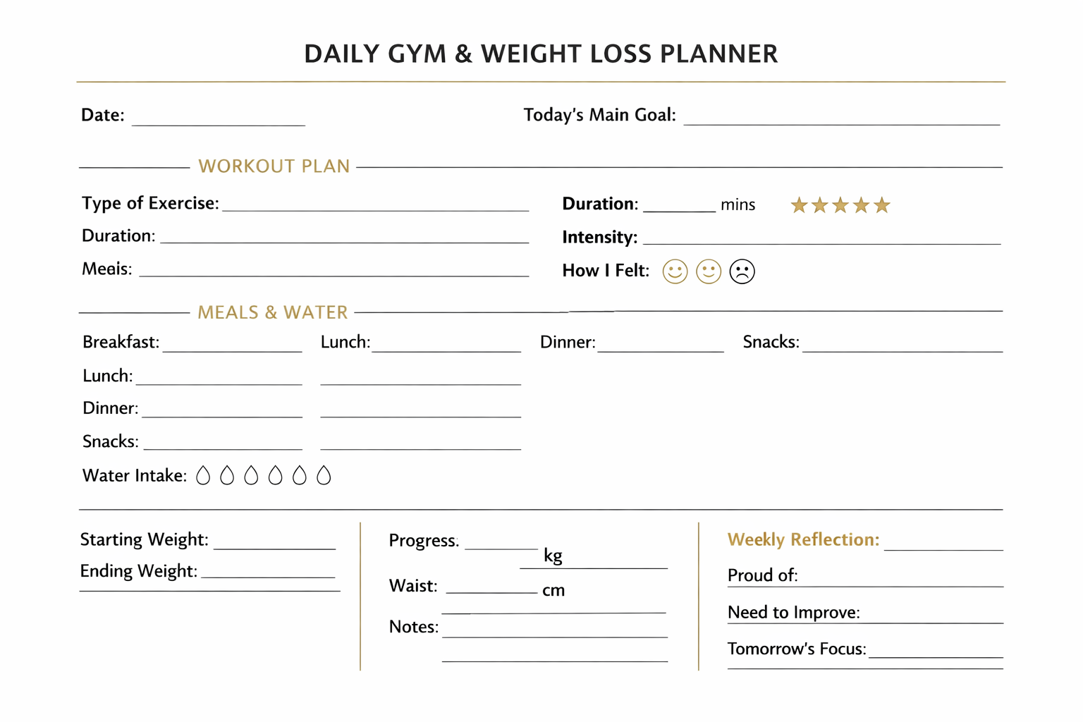 Daily exercise and weight loss planner