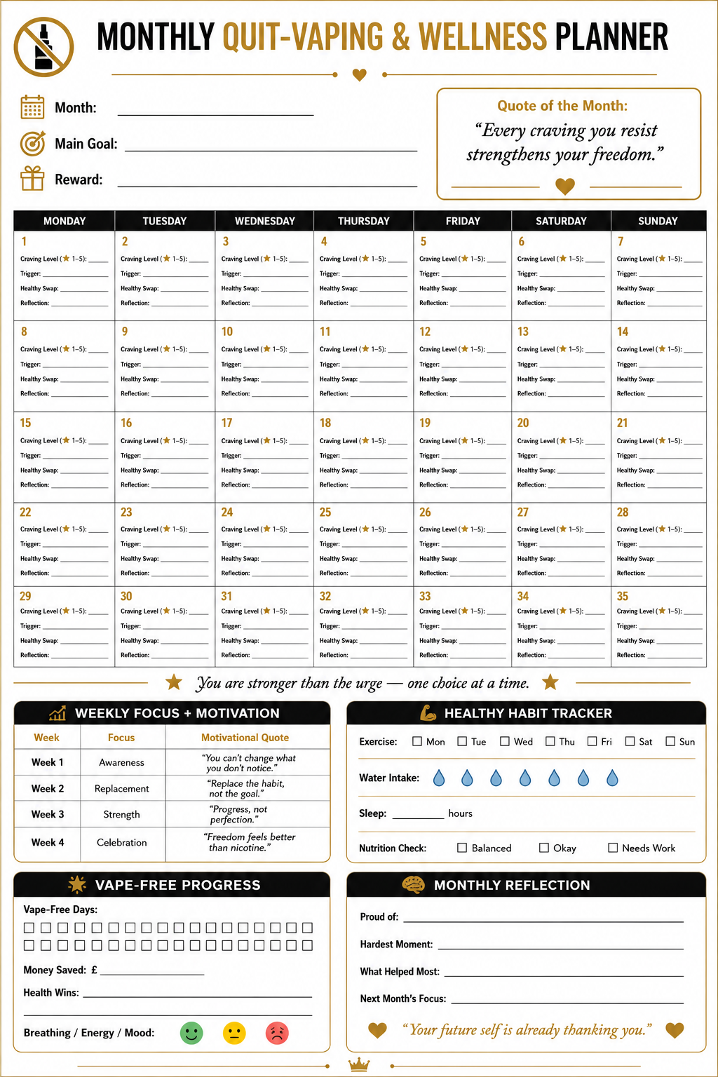 A monthly vape quitter planner